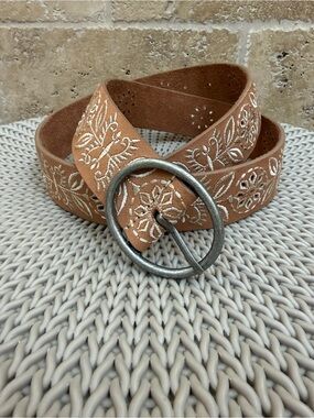 Lucky Brand Tan Leather Belt with White Floral Embroidery and Silver Oval Buckle